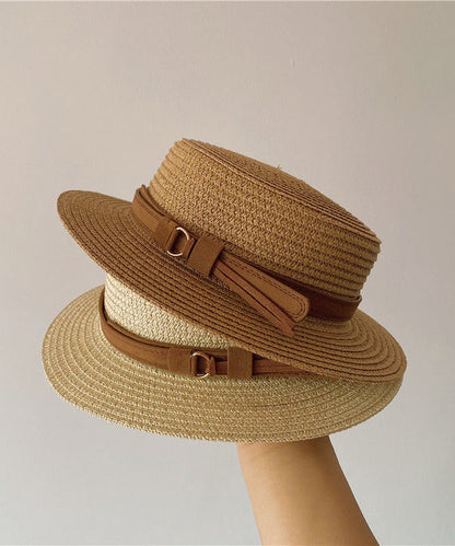 Hat Flat Cloche Sun French Straw Top Woven Khaki