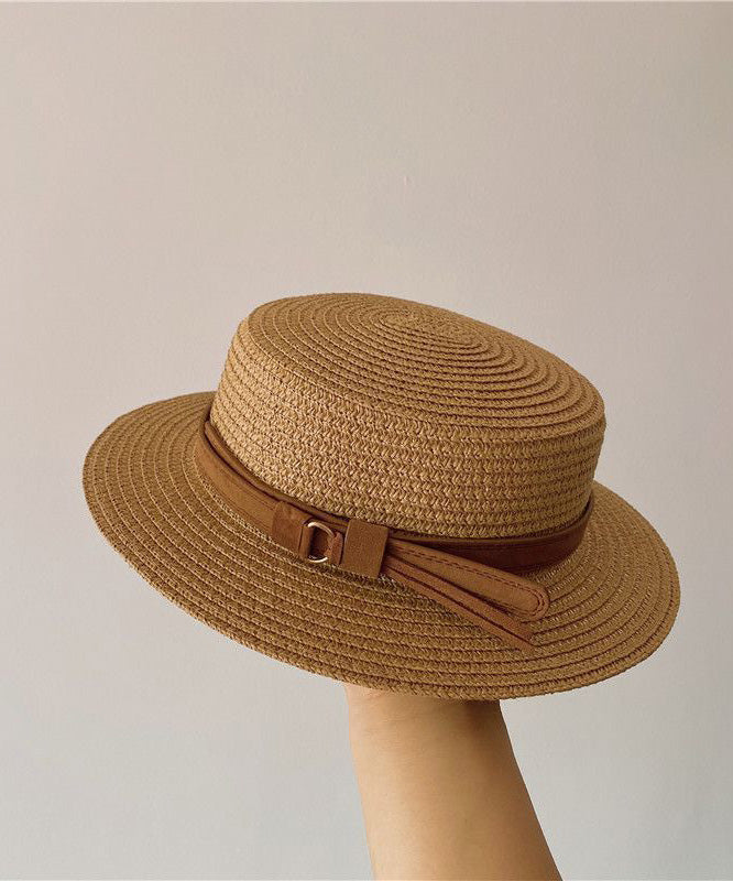 Hat Flat Cloche Sun French Straw Top Woven Khaki