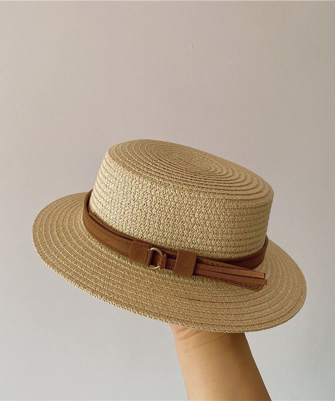 Hat Flat Cloche Sun French Straw Top Woven Khaki