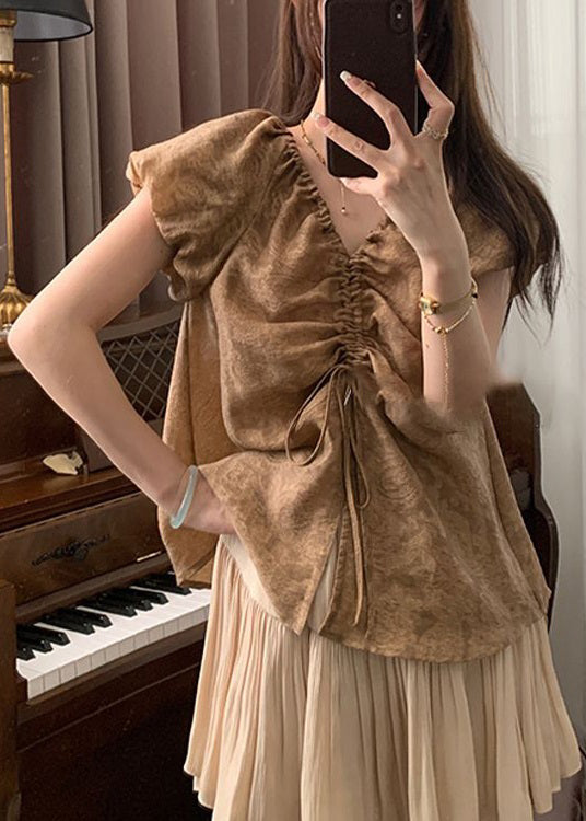 French Khaki V Neck Lace Up Cotton Shirts Puff Sleeve OP1056