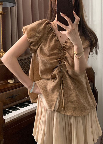 French Khaki V Neck Lace Up Cotton Shirts Puff Sleeve OP1056