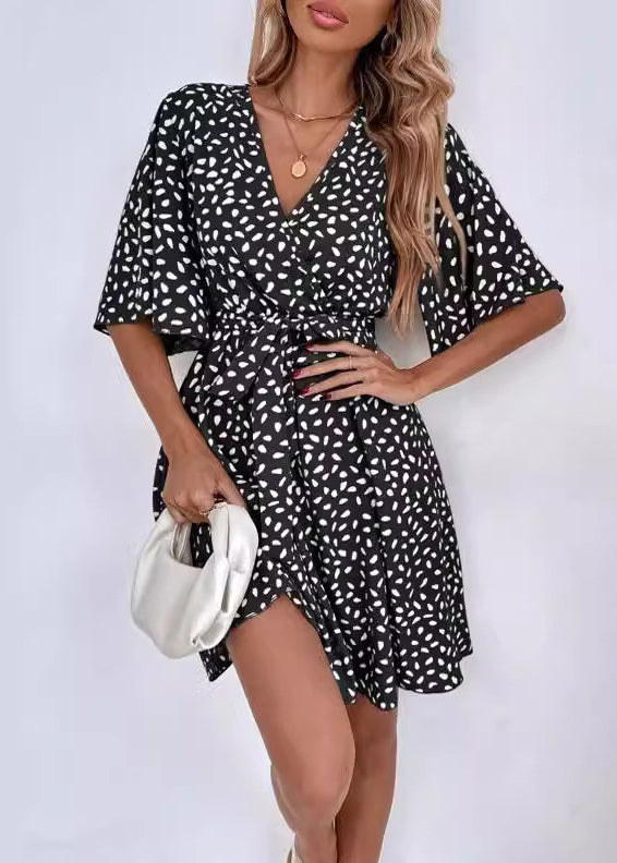 French Khaki V Neck Print Tie Waist Cotton Mid Dress Summer FF095