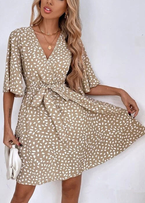 French Khaki V Neck Print Tie Waist Cotton Mid Dress Summer FF095