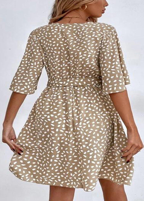 French Khaki V Neck Print Tie Waist Cotton Mid Dress Summer FF095