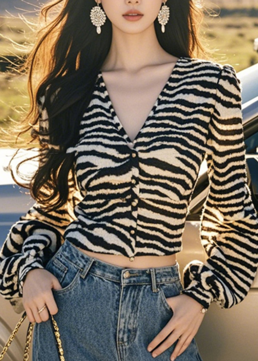 Laterne V Knopf Leopard Französisch Ärmel Tops Hals