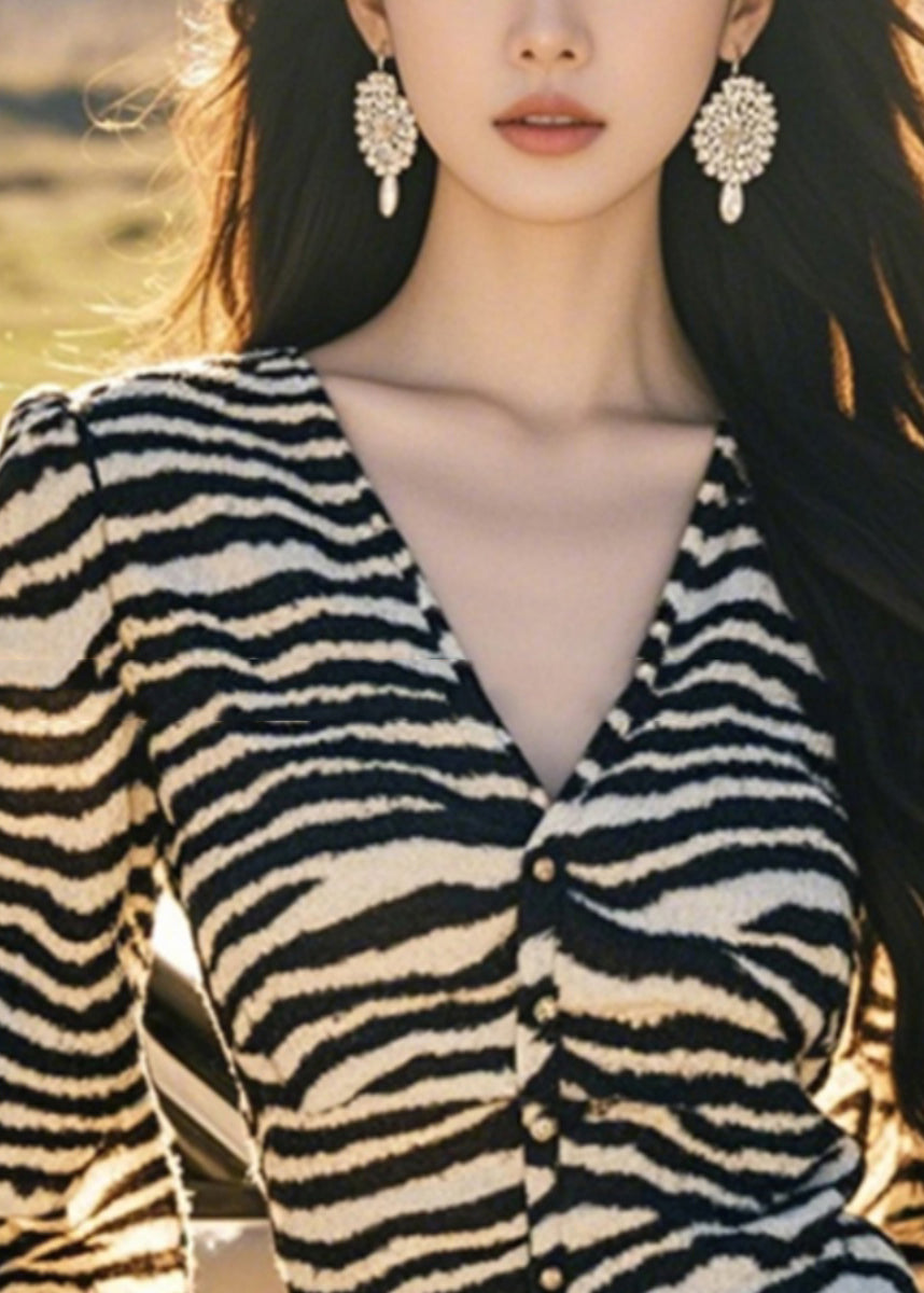 Laterne V Knopf Leopard Französisch Ärmel Tops Hals