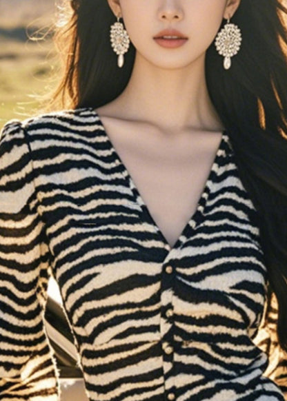 Laterne V Knopf Leopard Französisch Ärmel Tops Hals