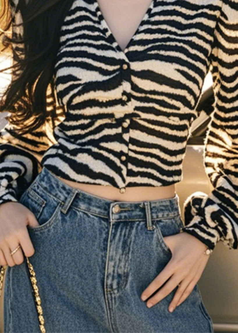 Laterne V Knopf Leopard Französisch Ärmel Tops Hals