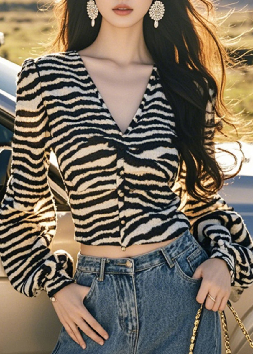 Laterne V Knopf Leopard Französisch Ärmel Tops Hals