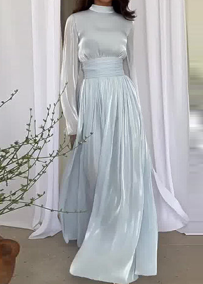 Blue Dresses Long Light Patchwork Spring French Wrinkled Silk