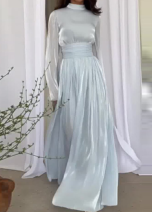 Blue Dresses Long Light Patchwork Spring French Wrinkled Silk