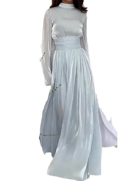 Blue Dresses Long Light Patchwork Spring French Wrinkled Silk