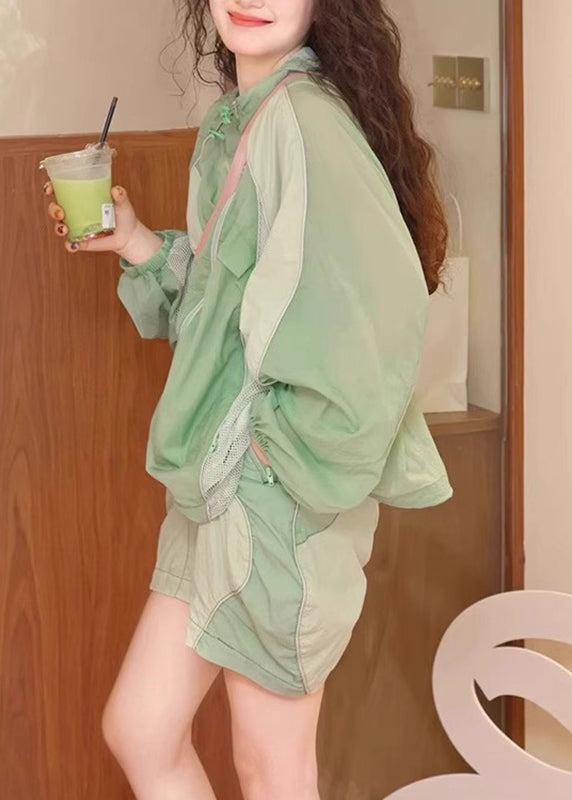 French Light Green Patchwork Shirts And Shorts Two Piece Set Summer UU1005