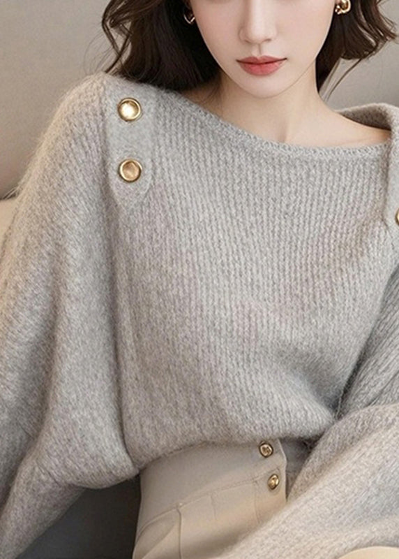 Pull en tricot de coton confortable gris clair à col bateau, printemps TO045