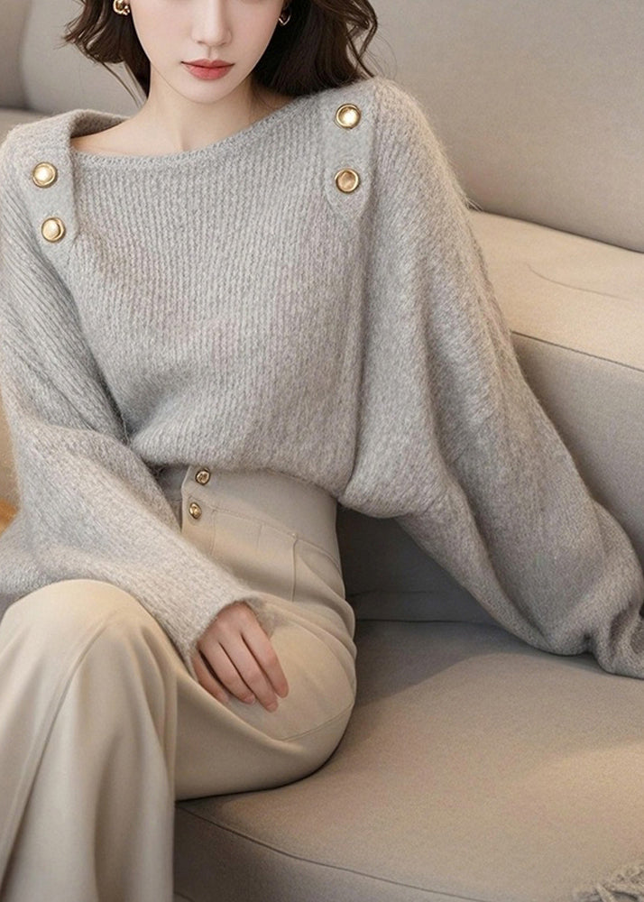 Pull en tricot de coton confortable gris clair à col bateau, printemps TO045