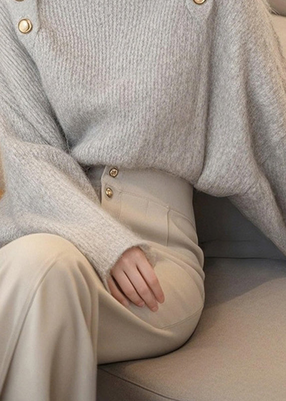 Pull en tricot de coton confortable gris clair à col bateau, printemps TO045