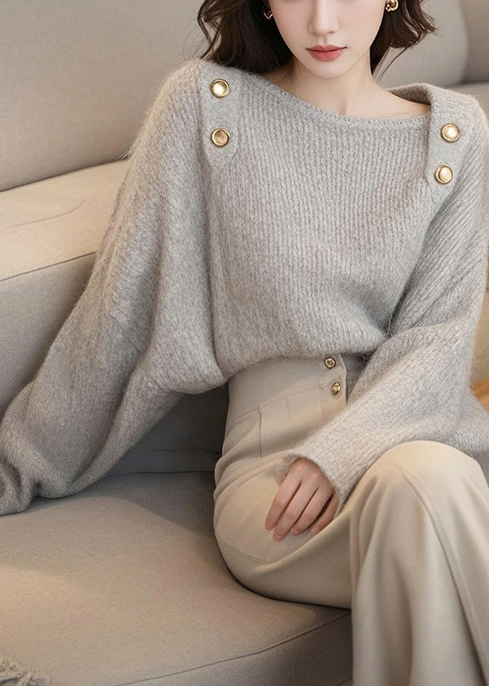 Pull en tricot de coton confortable gris clair à col bateau, printemps TO045