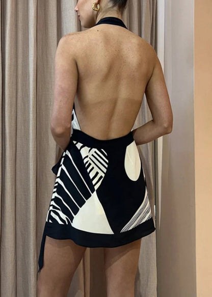 Ärmellose Minikleider mit Krawatte, Marineblau, französische Taille, rückenfrei