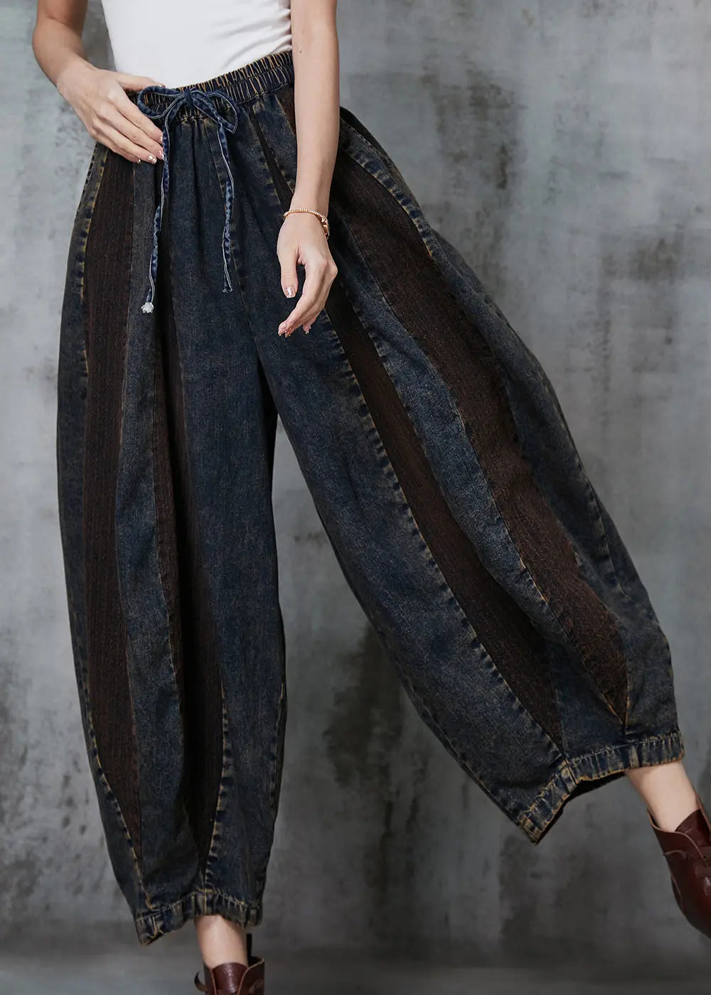 French Navy Oversized Patchwork Denim Pants Spring Ada Fashion