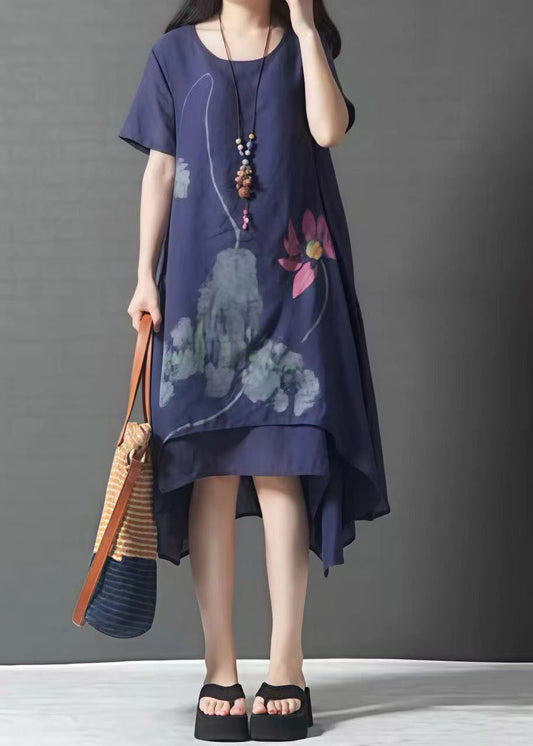 Marineblaues, übergroßes Sommerkleid aus französischem Leinen mit Lagenmuster