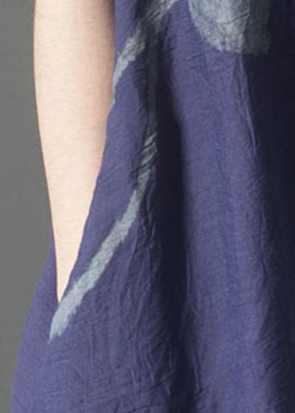 Marineblaues, übergroßes Sommerkleid aus französischem Leinen mit Lagenmuster
