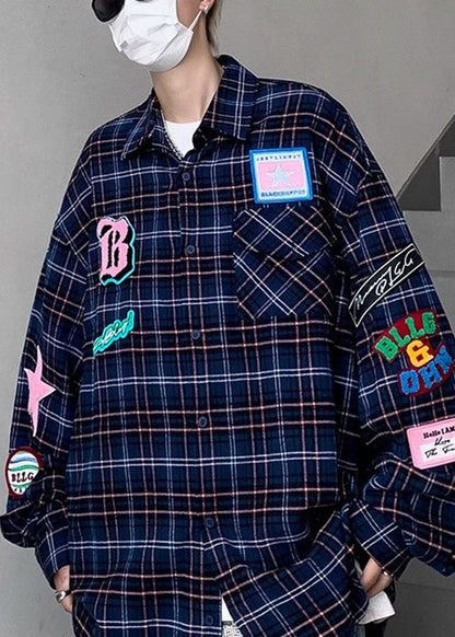 Navy Pockets Plaid Herren Frühlingshemd Französische Baumwolle