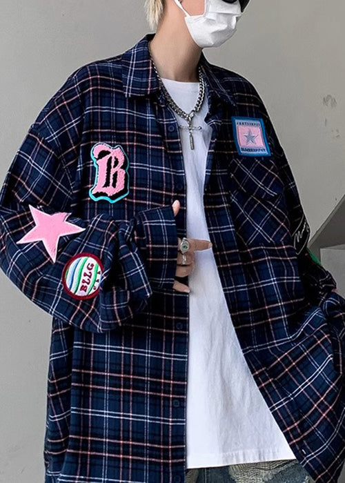 Navy Pockets Plaid Herren Frühlingshemd Französische Baumwolle