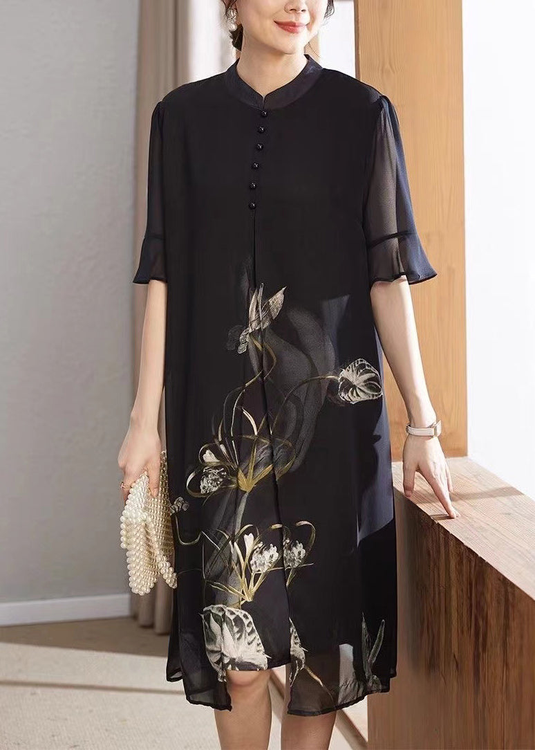 French Navy Print False Chiffon Two Pieces Dress Half Sleeve OP1090