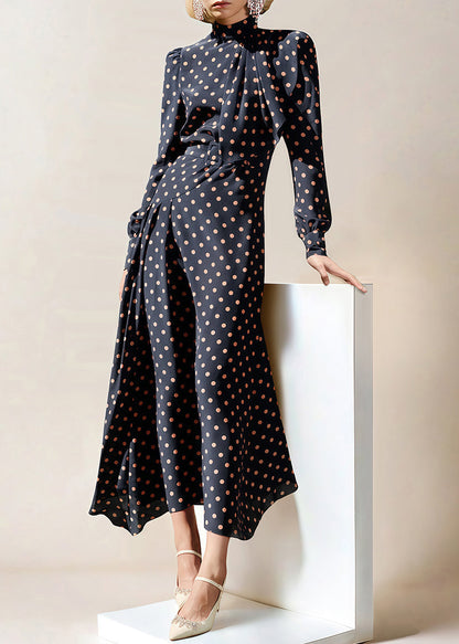 Robe longue en mousseline de soie à taille haute avec fermeture éclair et pois de la marine française Automne QR034