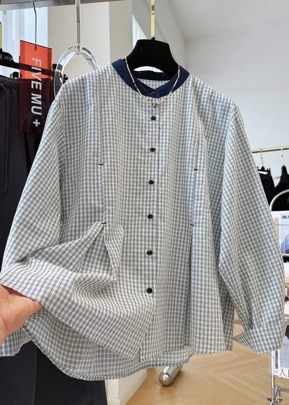 Plaid Neck O Button French Cotton Shirts Top Fall
