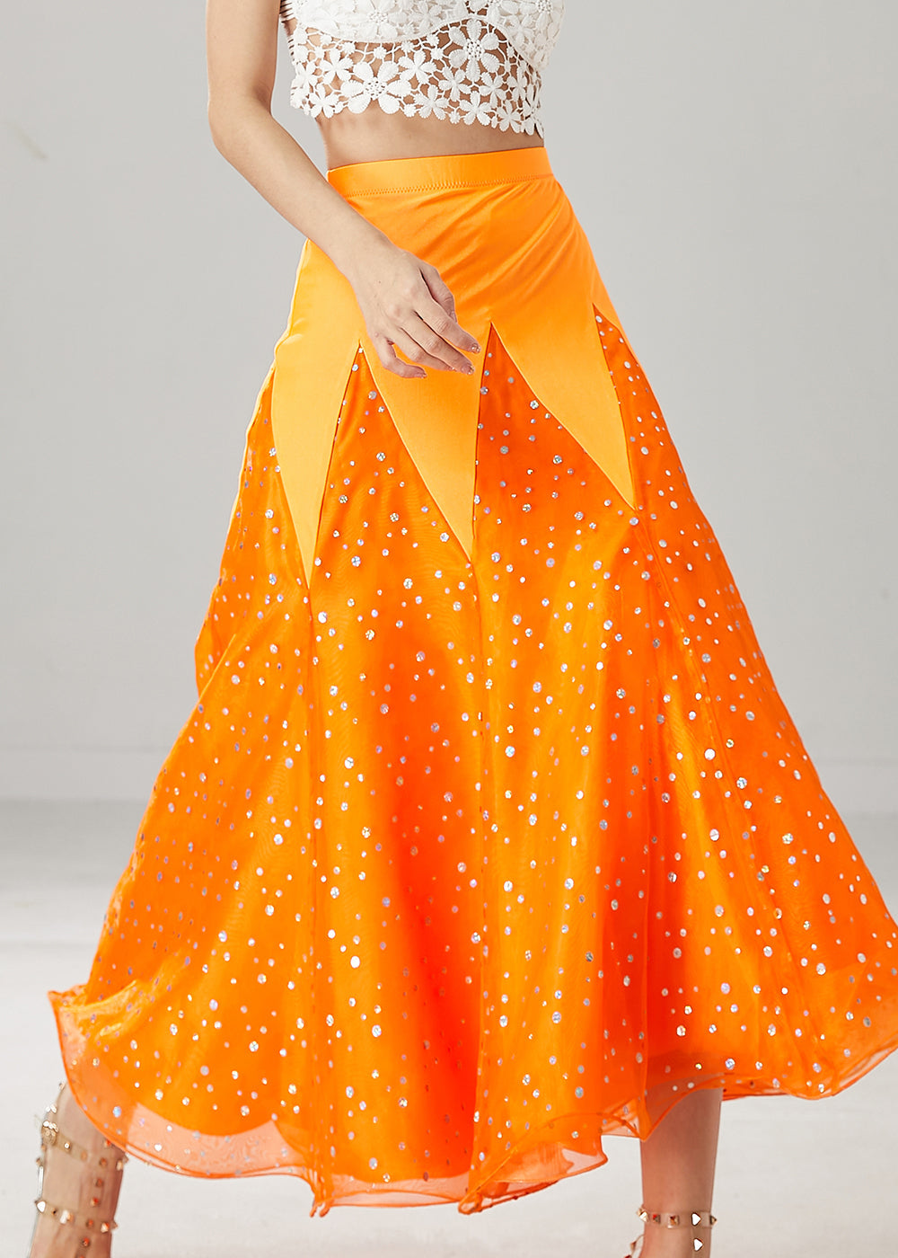 French Orange Silm Fit Patchwork Zircon Tulle Skirts Spring YU1034