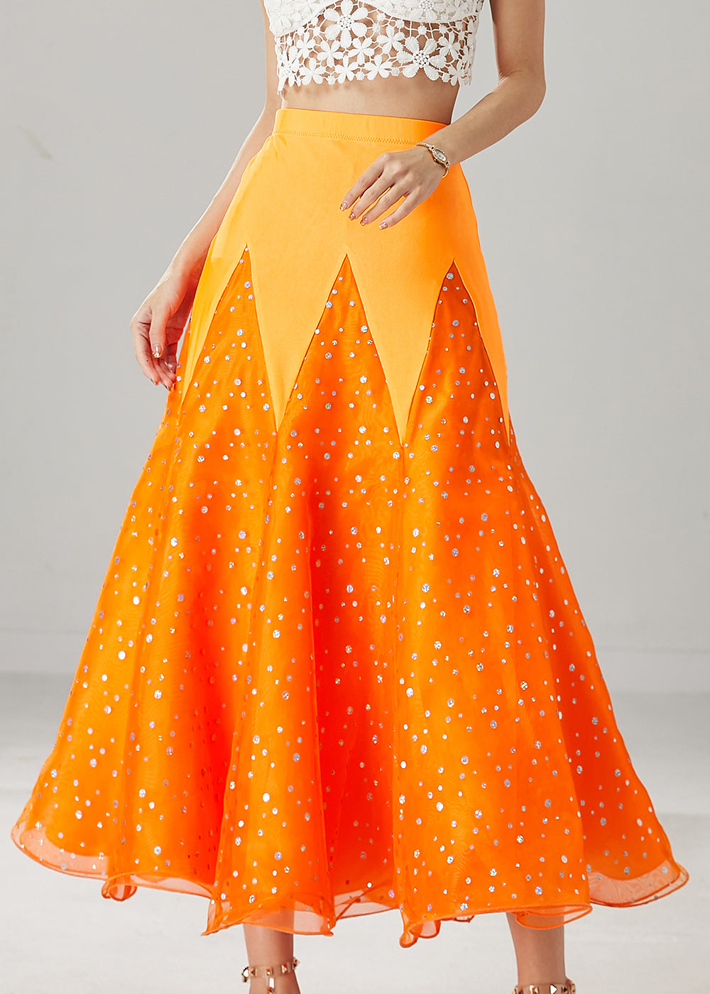 French Orange Silm Fit Patchwork Zircon Tulle Skirts Spring YU1034