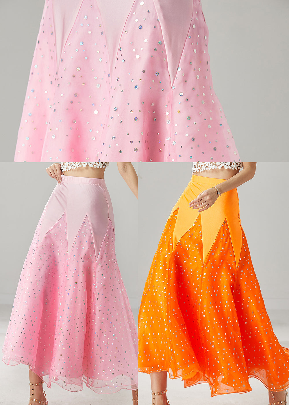 French Orange Silm Fit Patchwork Zircon Tulle Skirts Spring YU1034