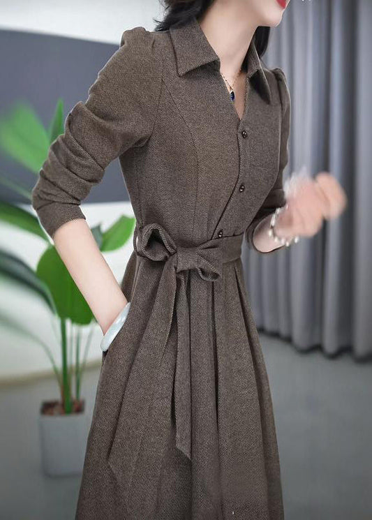 Robe longue boutonnée à col Claudine et taille flatteuse, printemps RF032