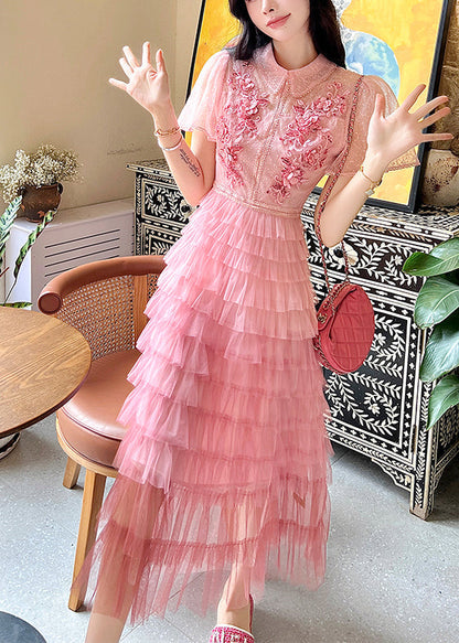 Robe d'été en tulle patchwork à volants brodée rose française ZL041