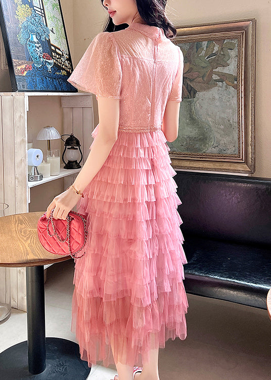 French Pink Embroidered Ruffled Patchwork Tulle Dresses Summer ZL041