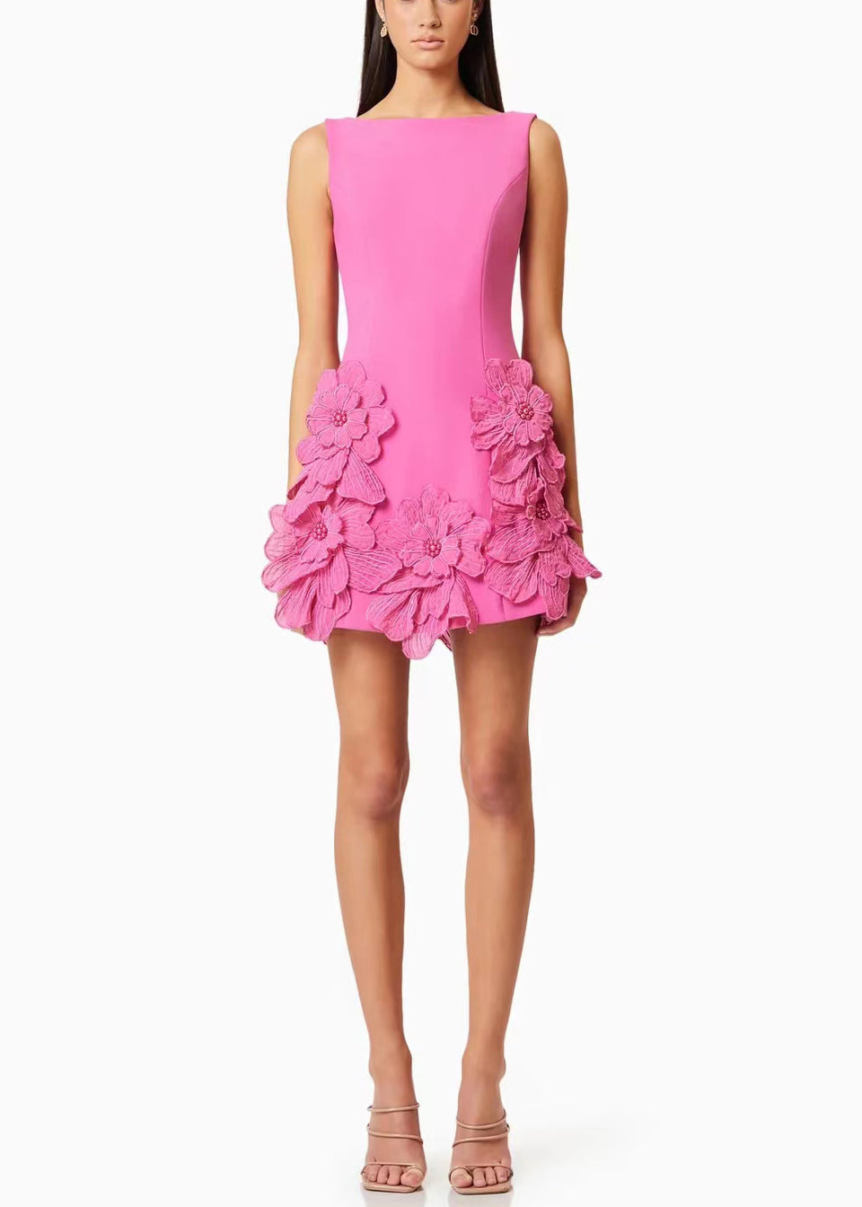 Solide Rosa Baumwolle Kleider Französisch Mini Sommer Floral