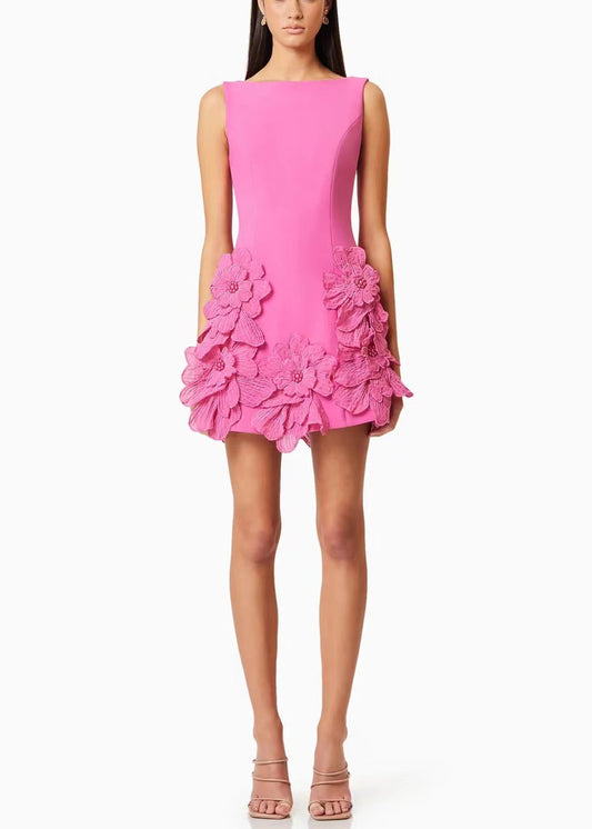 Solide Rosa Baumwolle Kleider Französisch Mini Sommer Floral