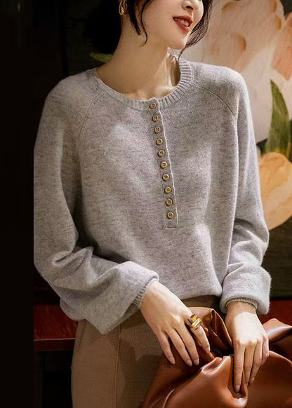 French Pink O-Ausschnitt Knopf Gemütlicher Strickpullover Frühling TF004