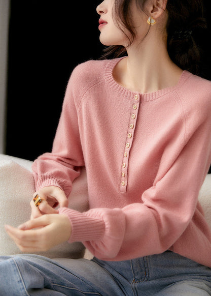 French Pink O-Ausschnitt Knopf Gemütlicher Strickpullover Frühling TF004