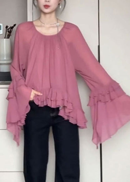 Französisch O-Ausschnitt Rosa Rüschen Flare Shirts Ärmel Chiffon Patchwork