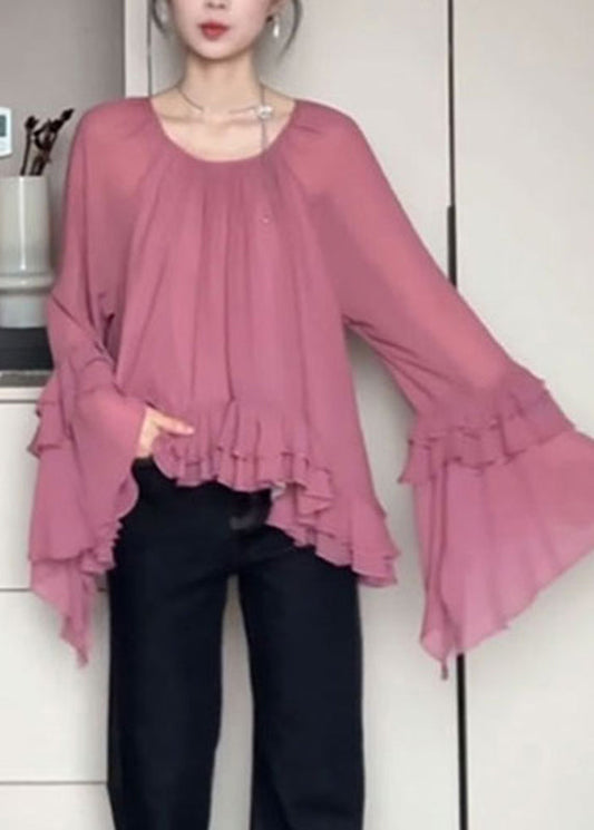 Französisch O-Ausschnitt Rosa Rüschen Flare Shirts Ärmel Chiffon Patchwork