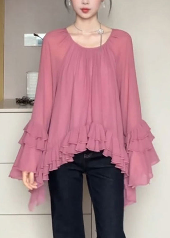 Französisch O-Ausschnitt Rosa Rüschen Flare Shirts Ärmel Chiffon Patchwork