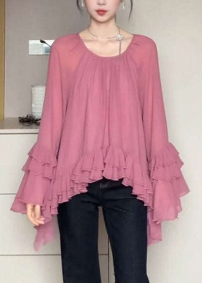 Französisch O-Ausschnitt Rosa Rüschen Flare Shirts Ärmel Chiffon Patchwork