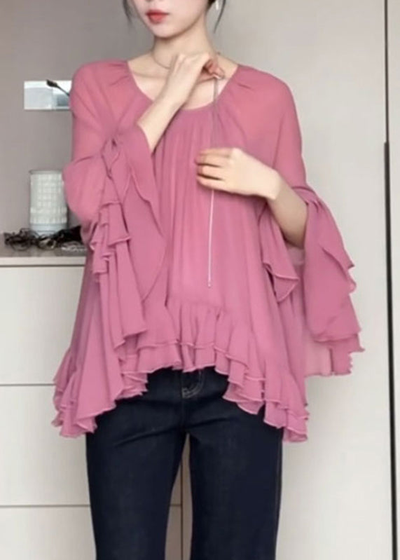 Französisch O-Ausschnitt Rosa Rüschen Flare Shirts Ärmel Chiffon Patchwork