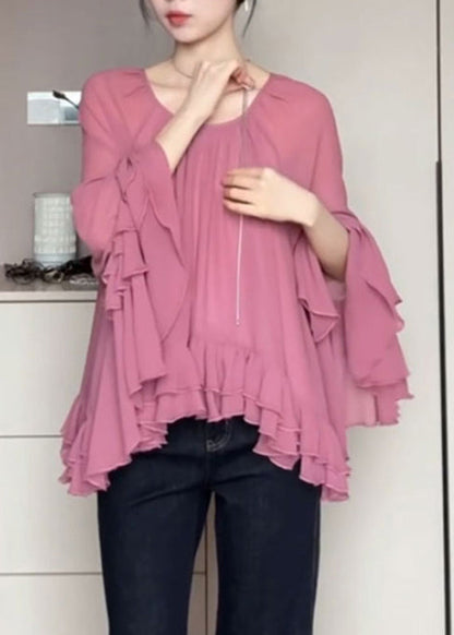 Französisch O-Ausschnitt Rosa Rüschen Flare Shirts Ärmel Chiffon Patchwork