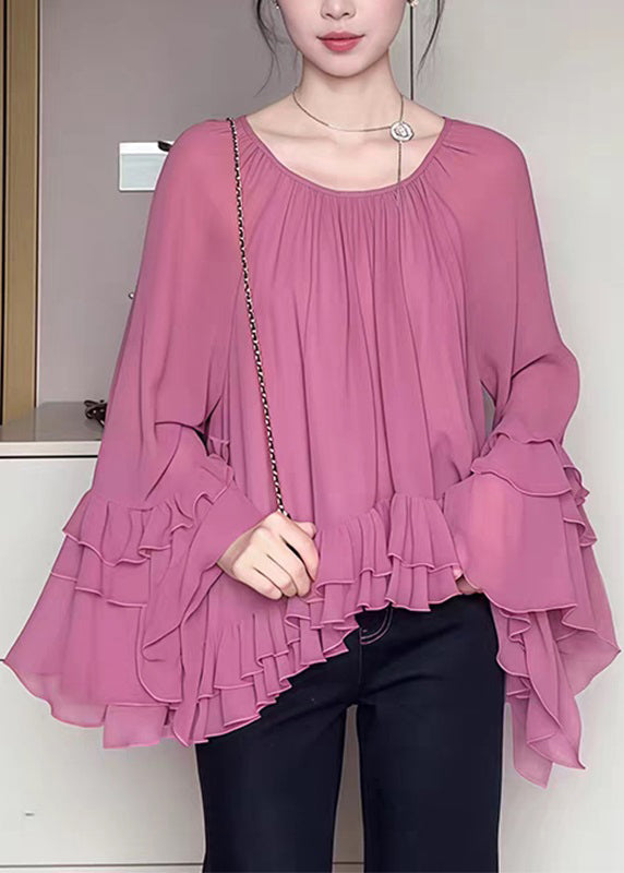 Französisch O-Ausschnitt Rosa Rüschen Flare Shirts Ärmel Chiffon Patchwork
