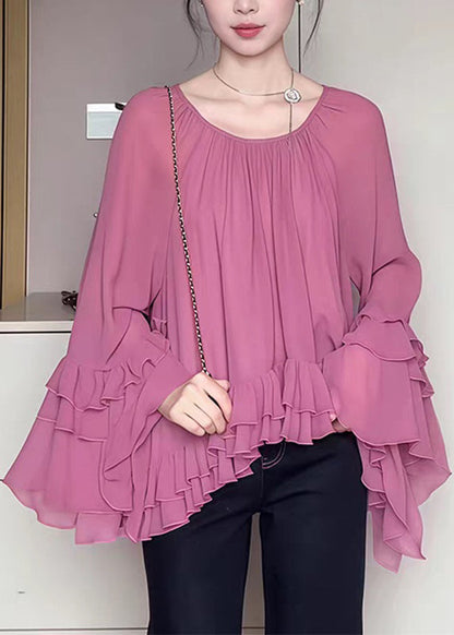 Französisch O-Ausschnitt Rosa Rüschen Flare Shirts Ärmel Chiffon Patchwork