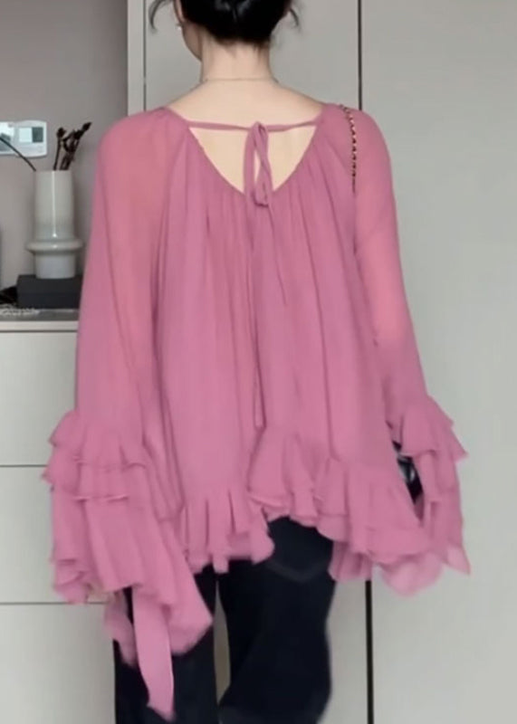 Französisch O-Ausschnitt Rosa Rüschen Flare Shirts Ärmel Chiffon Patchwork