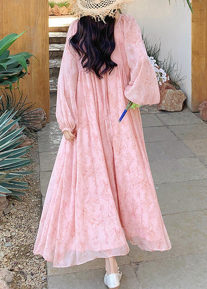 Long Up Summer French Dresses Neck O Wrinkled Lace Chiffon Pink
